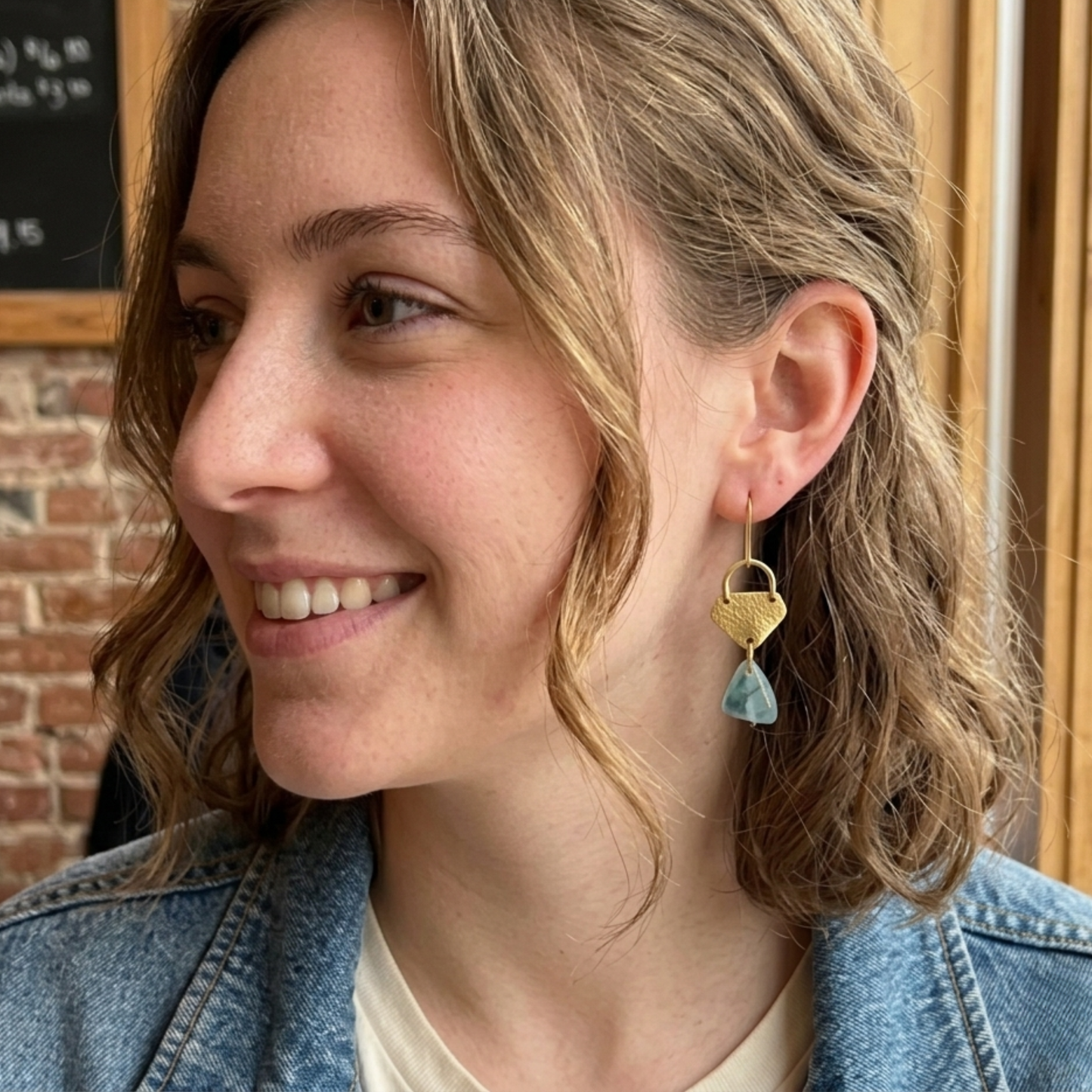 Dendritic Blue Fluorite Drop Earrings - Handmade Hammered Brass Geometric Dangles - Unique Natural Stone Jewelry