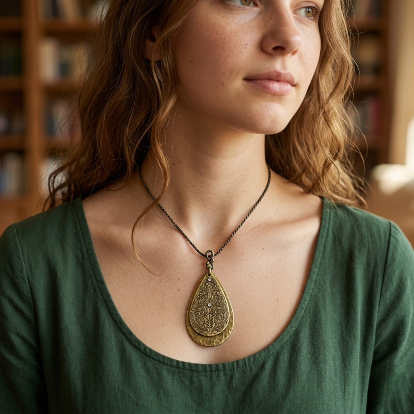 Layered Brass Floral Teardrop Necklace - Ornate Etched Pendant with Clear Crystals - Gold