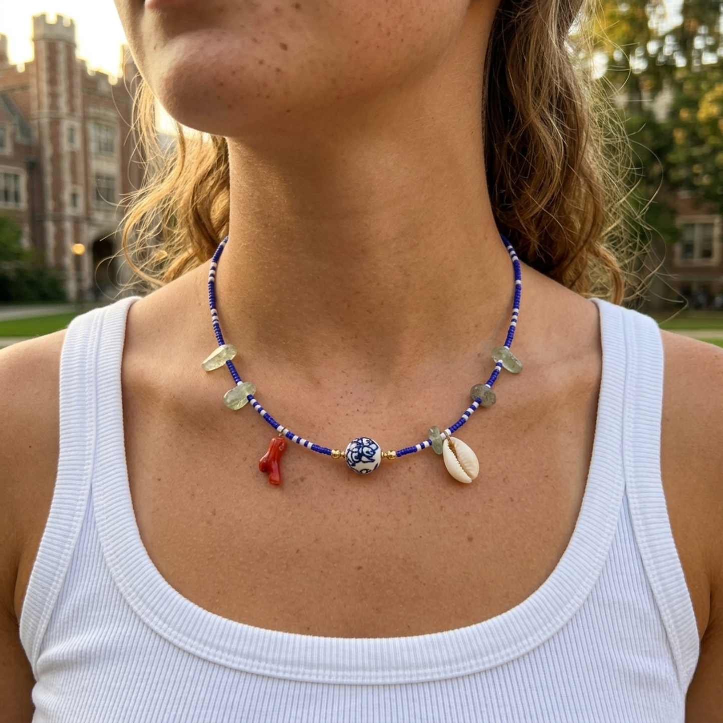 Royal Blue & White Beaded Charm Necklace - Chinoiserie Ceramic Bead, Red Coral, and Cowrie Shell - Handmade Boho Statement Jewelry