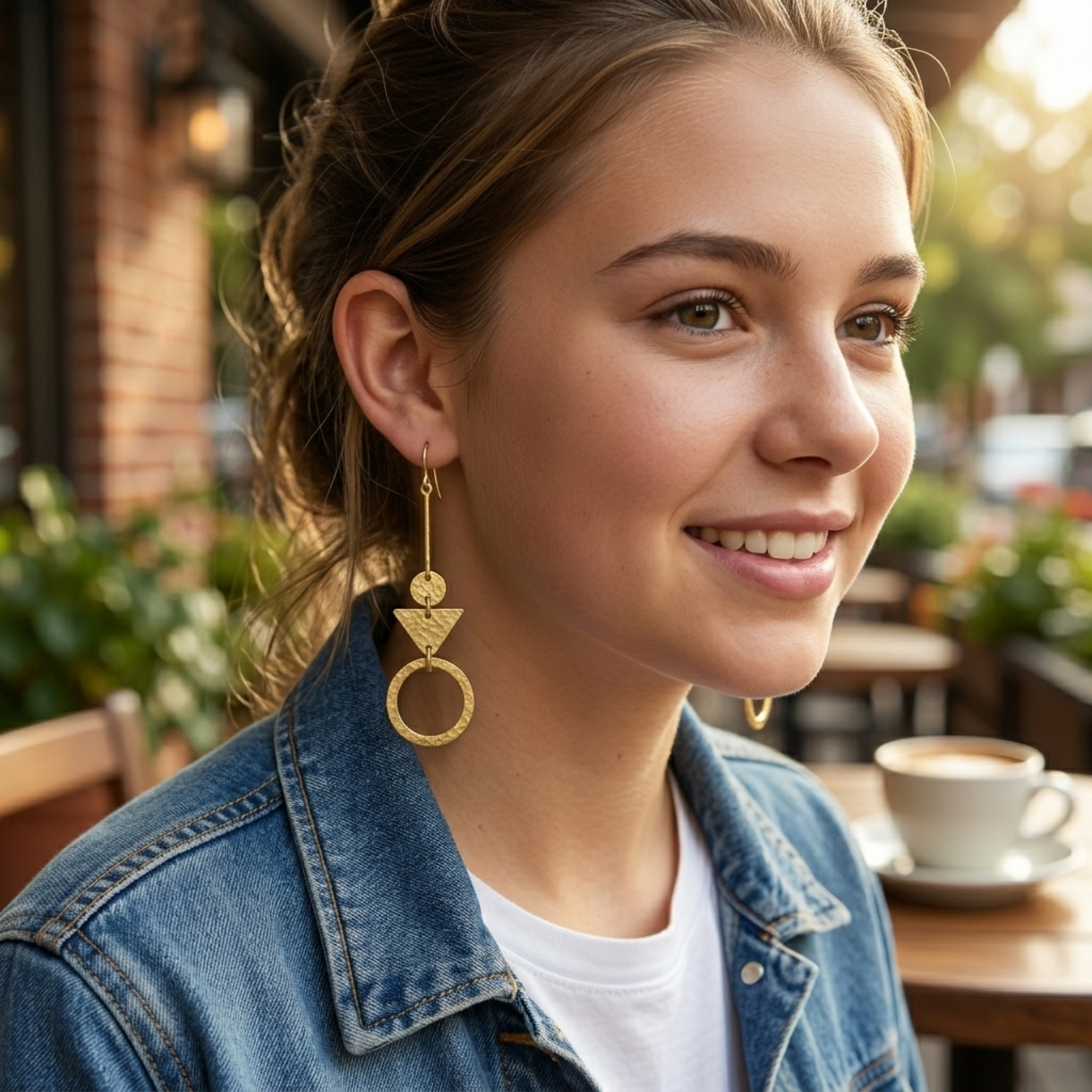Artisan Hammered Brass Tiered Geometric Dangle Earrings – Circle & Triangle Statement Jewelry