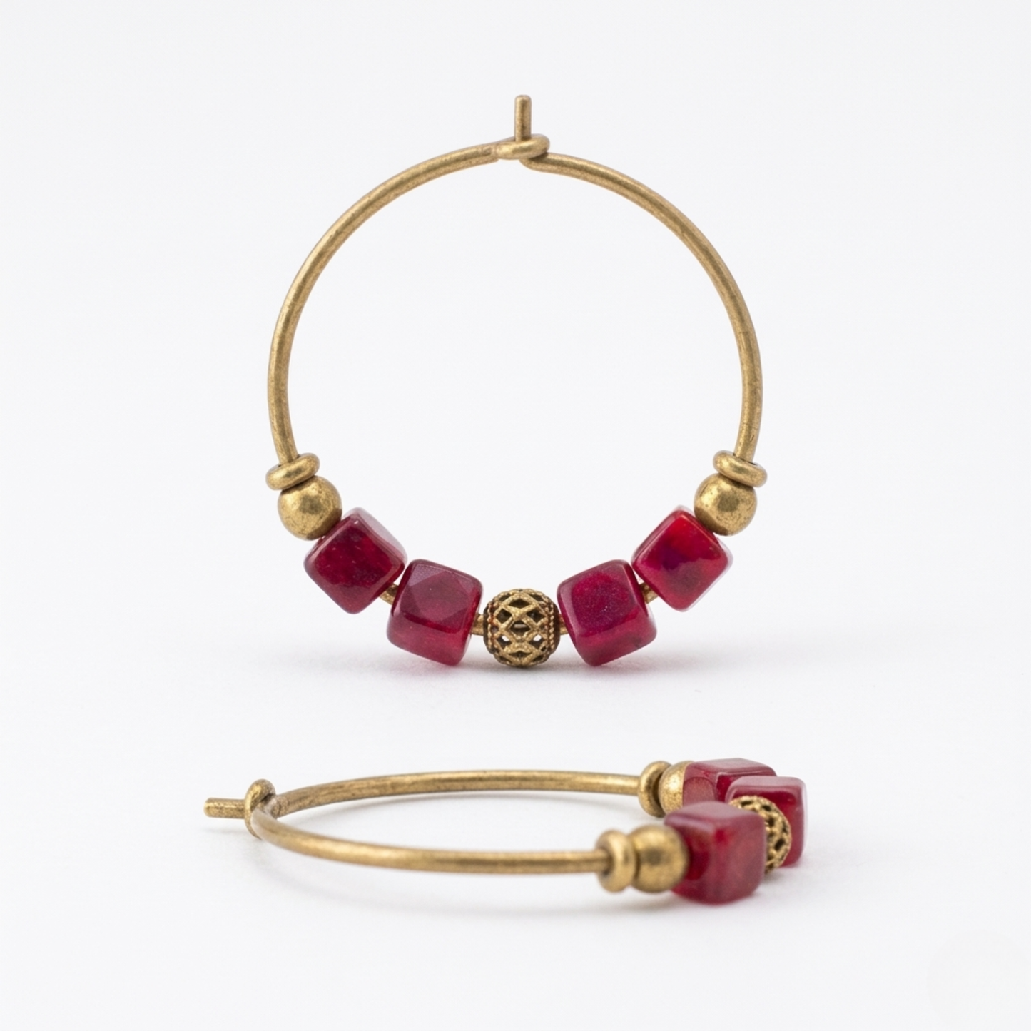 Brass Hoop Gemstone Earrings - Handmade Cube Stone Dangles for Women - Red, Blue, Green, Pink