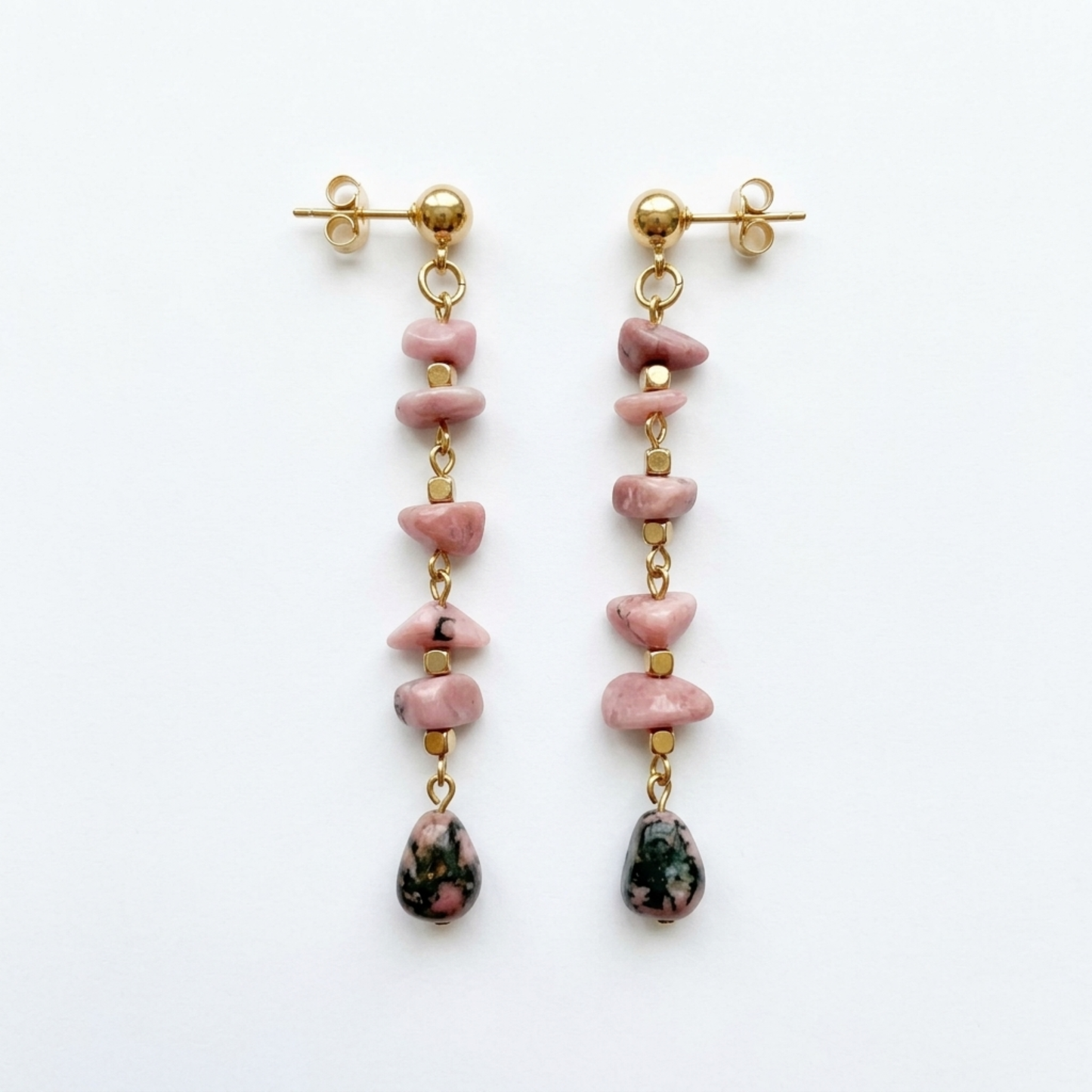 Rhodochrosite Dangle Earrings - Handmade Gold-Tone Drop Earrings with Pink Gemstone Chips - Dainty Boho Stud Jewelry