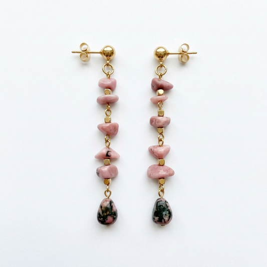 Rhodochrosite Dangle Earrings - Handmade Gold-Tone Drop Earrings with Pink Gemstone Chips - Dainty Boho Stud Jewelry