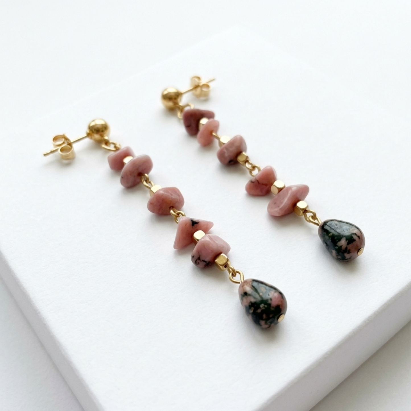 Rhodochrosite Dangle Earrings - Handmade Gold-Tone Drop Earrings with Pink Gemstone Chips - Dainty Boho Stud Jewelry