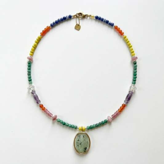 Long Colorful Gemstone and Seed Bead Necklace, Prehnite Pendant on Long Beaded Chain