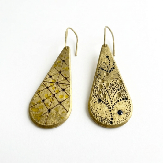 Asymmetric Brass Teardrop Earrings - Mismatched Geometric Dangles with Blue Stone - Gold