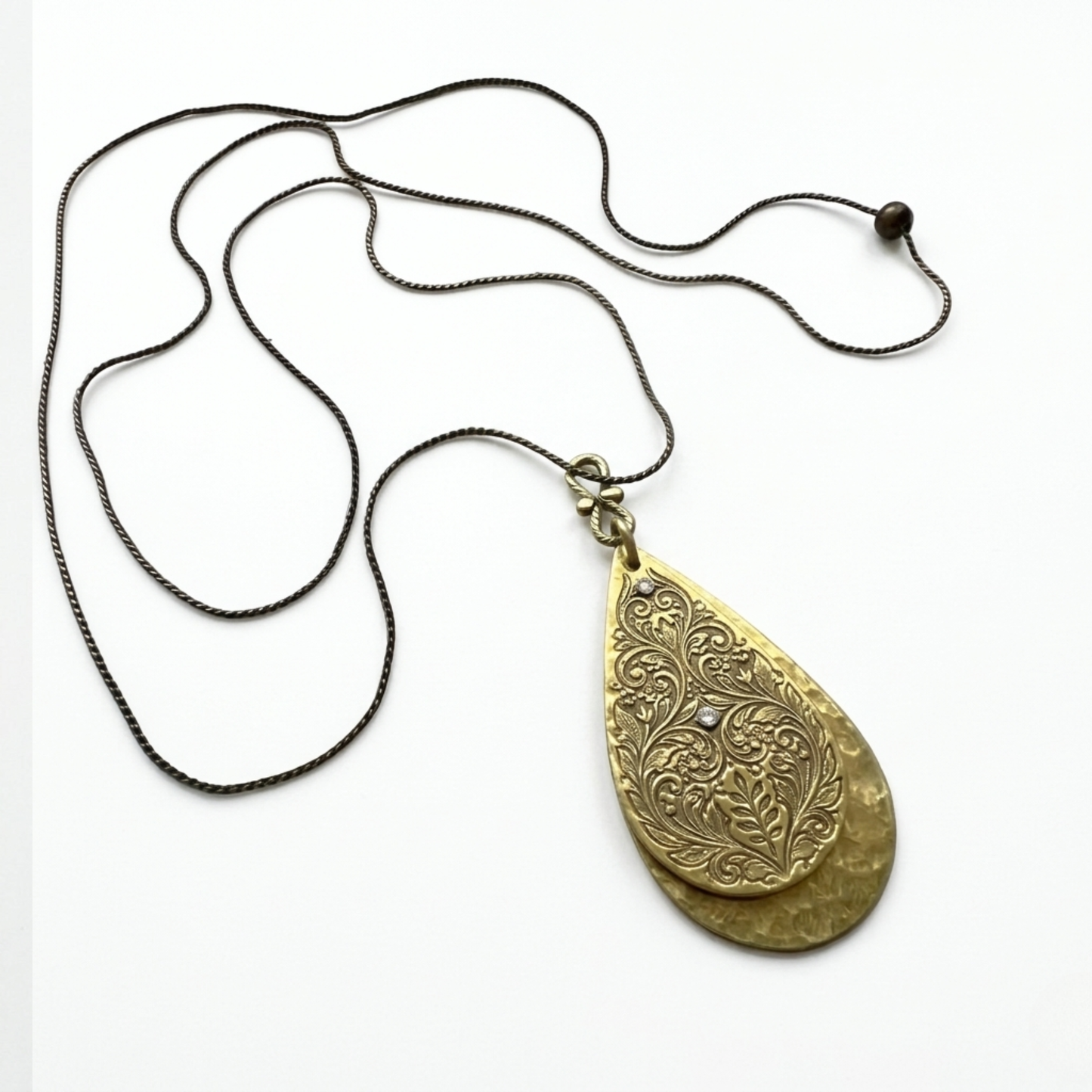 Layered Brass Floral Teardrop Necklace - Ornate Etched Pendant with Clear Crystals - Gold
