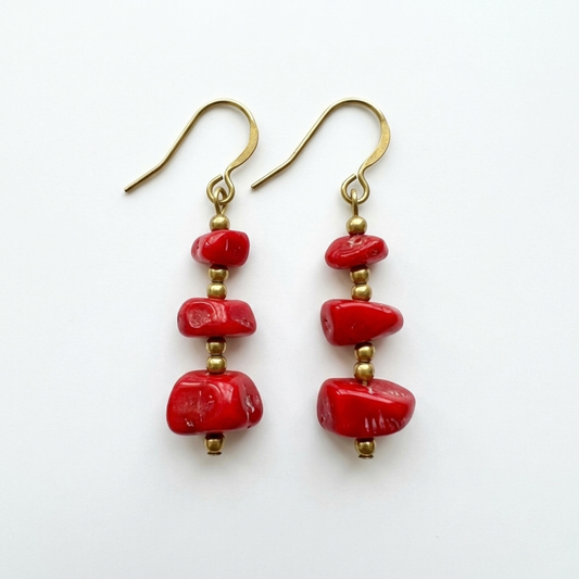 Vibrant Red Coral Gold Hoop Earrings - Dainty Brass Creoles with Repurposed Beads - Handmade Boho Jewelry
