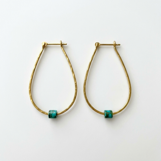 Hammered Gold Brass Teardrop Hoops with Blue Turquoise - Handcrafted Minimalist Boho Earrings - Upcycled Gemstone Jewelry
