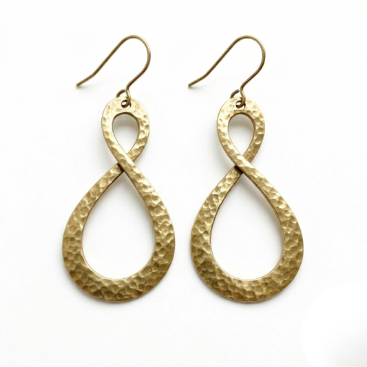 Hammered Brass Infinity Earrings - Large Figure-Eight Statement Dangles - Handcrafted Boho Drop Jewelry for Women