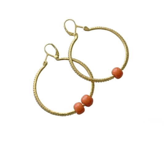 Vintage Coral & Brass Leverback Hoops - Dainty Dotted Gold Creoles with Repurposed Orange Gemstones - Asymmetric Minimalist Boho Jewelry
