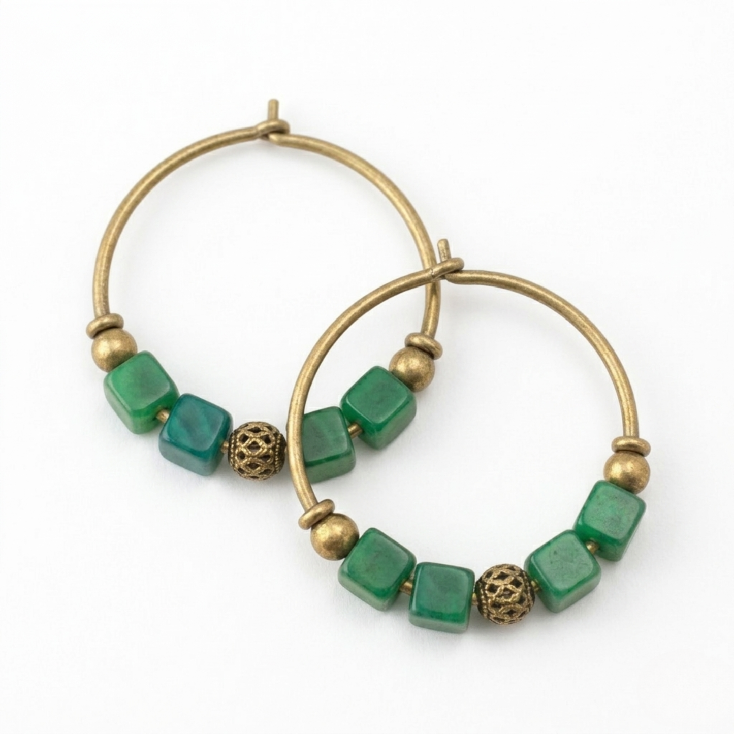 Brass Hoop Gemstone Earrings - Handmade Cube Stone Dangles for Women - Red, Blue, Green, Pink