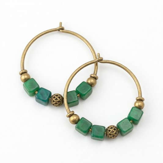 Brass Hoop Gemstone Earrings - Handmade Cube Stone Dangles for Women - Red, Blue, Green, Pink