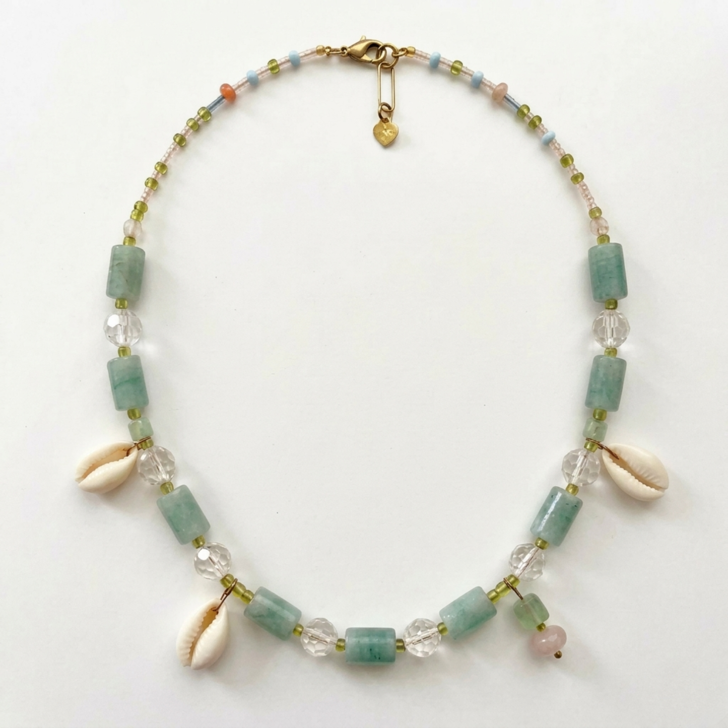 Handmade Cowrie Shell & Green Fluorite Beaded Boho Necklace - Green/Ivory - 45-47cm