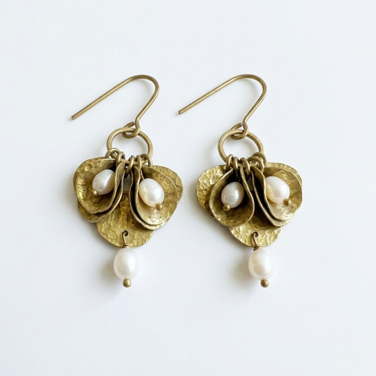 Freshwater Pearl Brass Earrings - Minimalist Handmade Chandelier Dangles - Elegant Bridesmaid Jewelry Gift