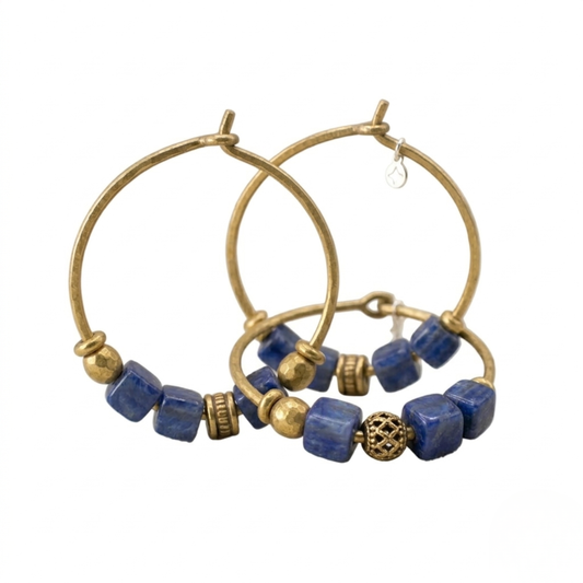 Brass Hoop Gemstone Earrings - Handmade Cube Stone Dangles for Women - Red, Blue, Green, Pink