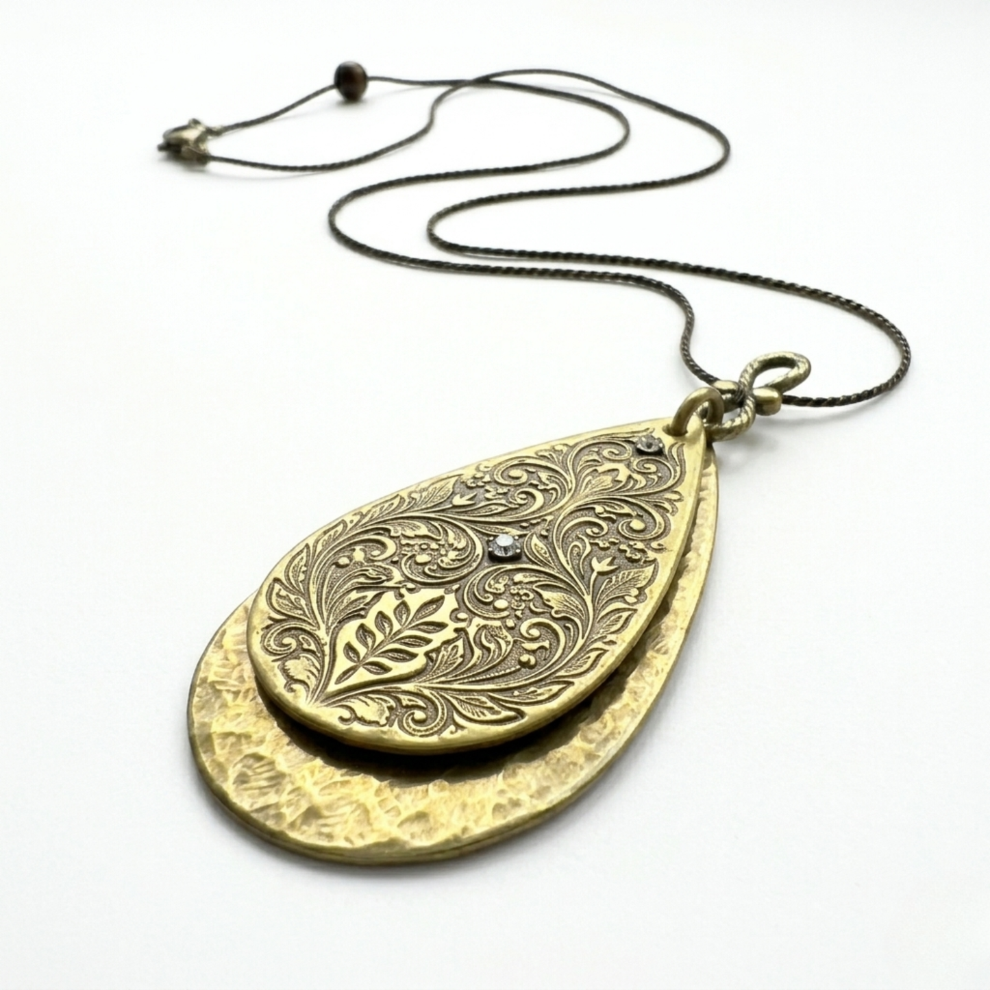 Layered Brass Floral Teardrop Necklace - Ornate Etched Pendant with Clear Crystals - Gold