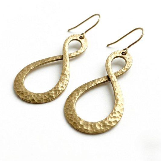 Hammered Brass Infinity Earrings - Large Figure-Eight Statement Dangles - Handcrafted Boho Drop Jewelry for Women