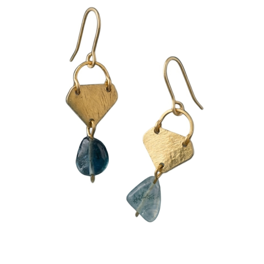 Dendritic Blue Fluorite Drop Earrings - Handmade Hammered Brass Geometric Dangles - Unique Natural Stone Jewelry