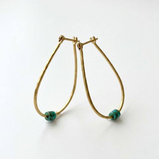 Hammered Gold Brass Teardrop Hoops with Blue Turquoise - Handcrafted Minimalist Boho Earrings - Upcycled Gemstone Jewelry
