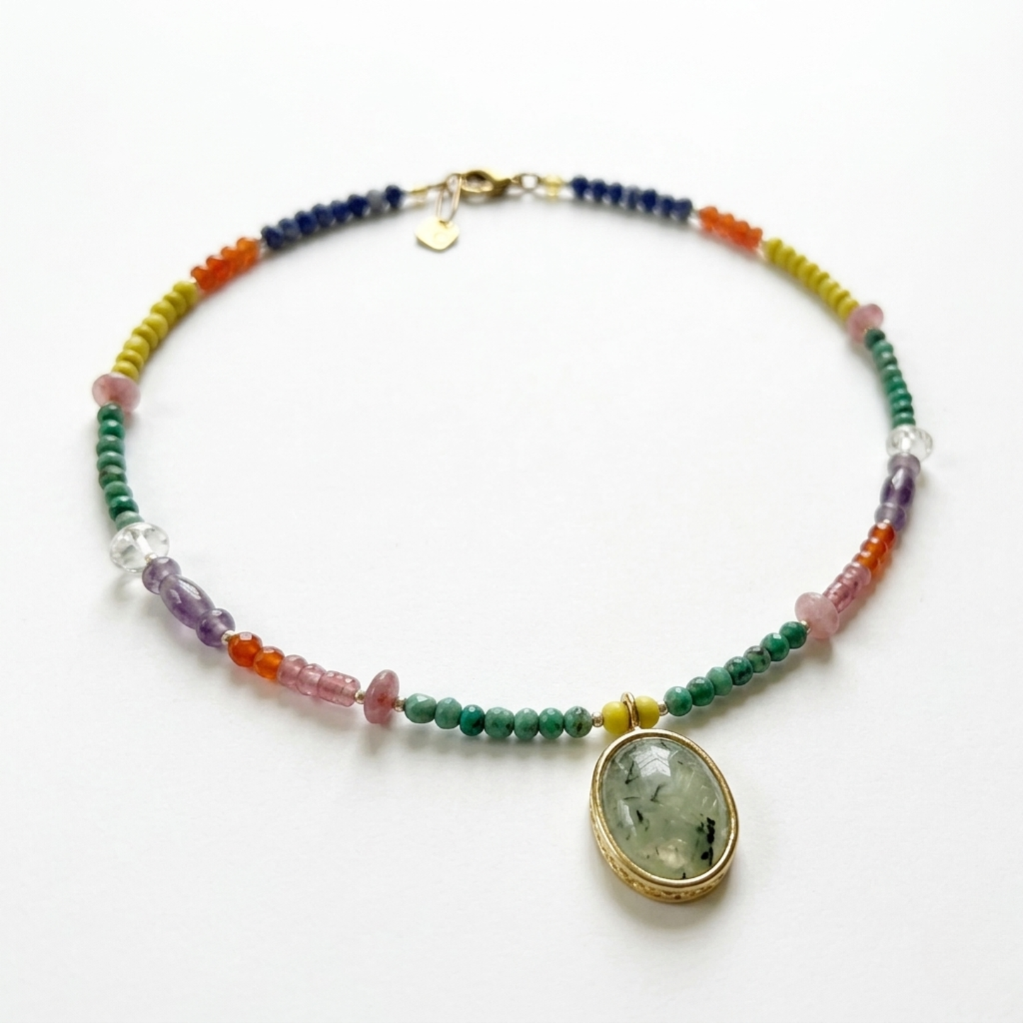 Long Colorful Gemstone and Seed Bead Necklace, Prehnite Pendant on Long Beaded Chain