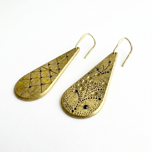 Asymmetric Brass Teardrop Earrings - Mismatched Geometric Dangles with Blue Stone - Gold