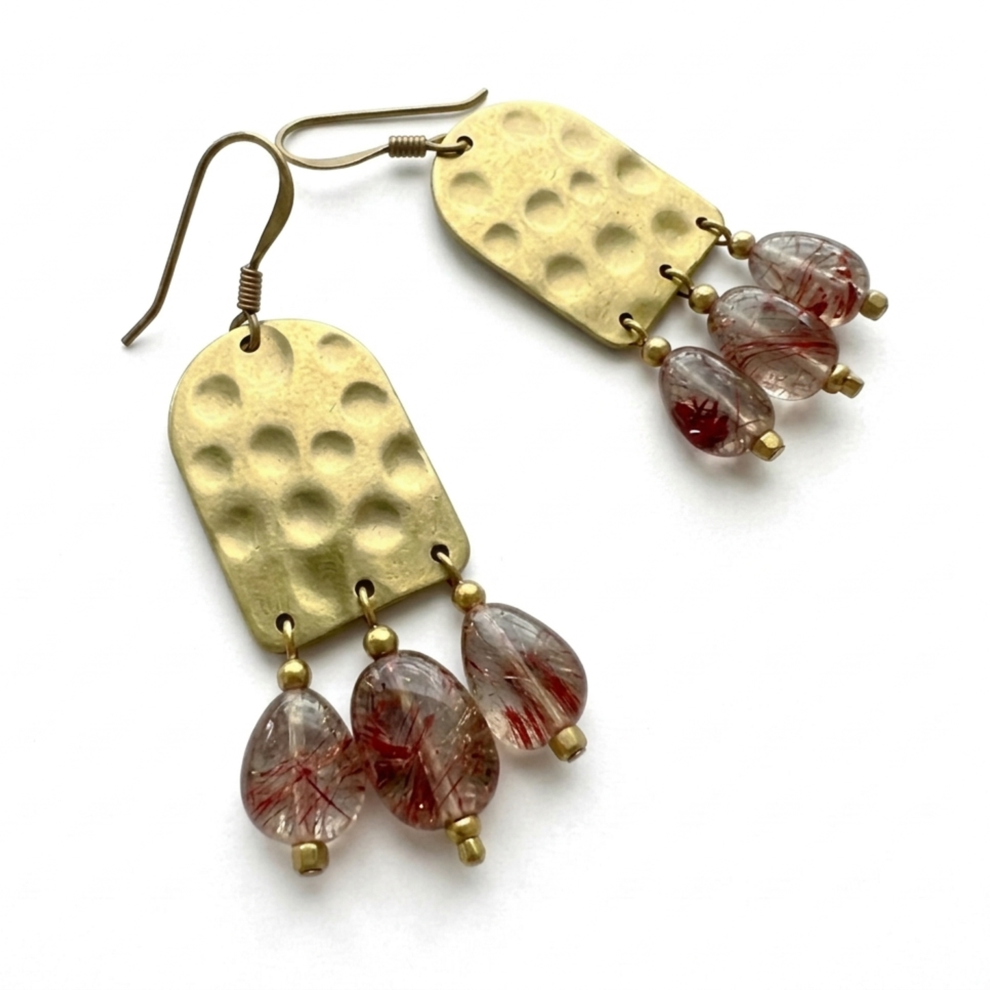 Red Rutilated Quartz Statement Earrings - Hammered Brass Chandelier Dangles - Boho Gold Tone Gemstone Jewelry