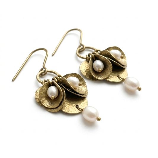 Freshwater Pearl Brass Earrings - Minimalist Handmade Chandelier Dangles - Elegant Bridesmaid Jewelry Gift