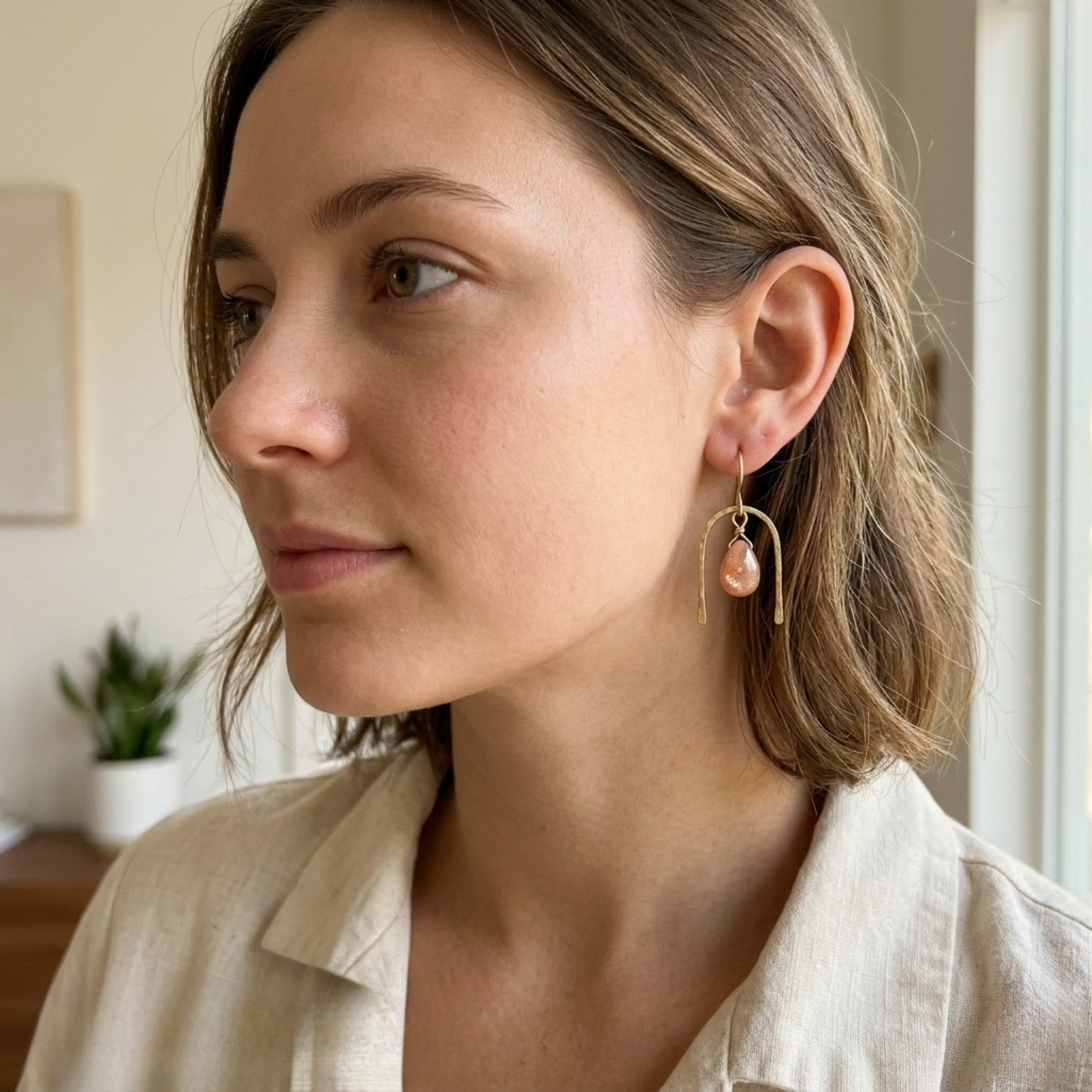 Peach Sunstone Teardrop Earrings - Hammered Brass Geometric Arch Dangles - Gold & Apricot Minimalist Jewelry