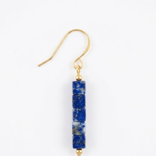 Handmade Lapis Lazuli Dangle Earrings - Dark Blue Gemstone Cube Drop Earrings in Gold-Tone Brass