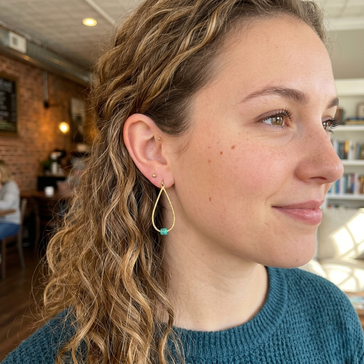Hammered Gold Brass Teardrop Hoops with Blue Turquoise - Handcrafted Minimalist Boho Earrings - Upcycled Gemstone Jewelry