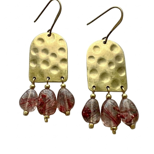 Red Rutilated Quartz Statement Earrings - Hammered Brass Chandelier Dangles - Boho Gold Tone Gemstone Jewelry
