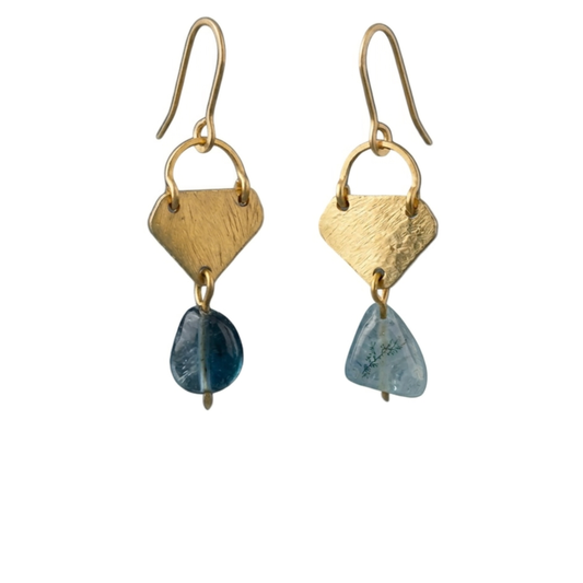 Dendritic Blue Fluorite Drop Earrings - Handmade Hammered Brass Geometric Dangles - Unique Natural Stone Jewelry