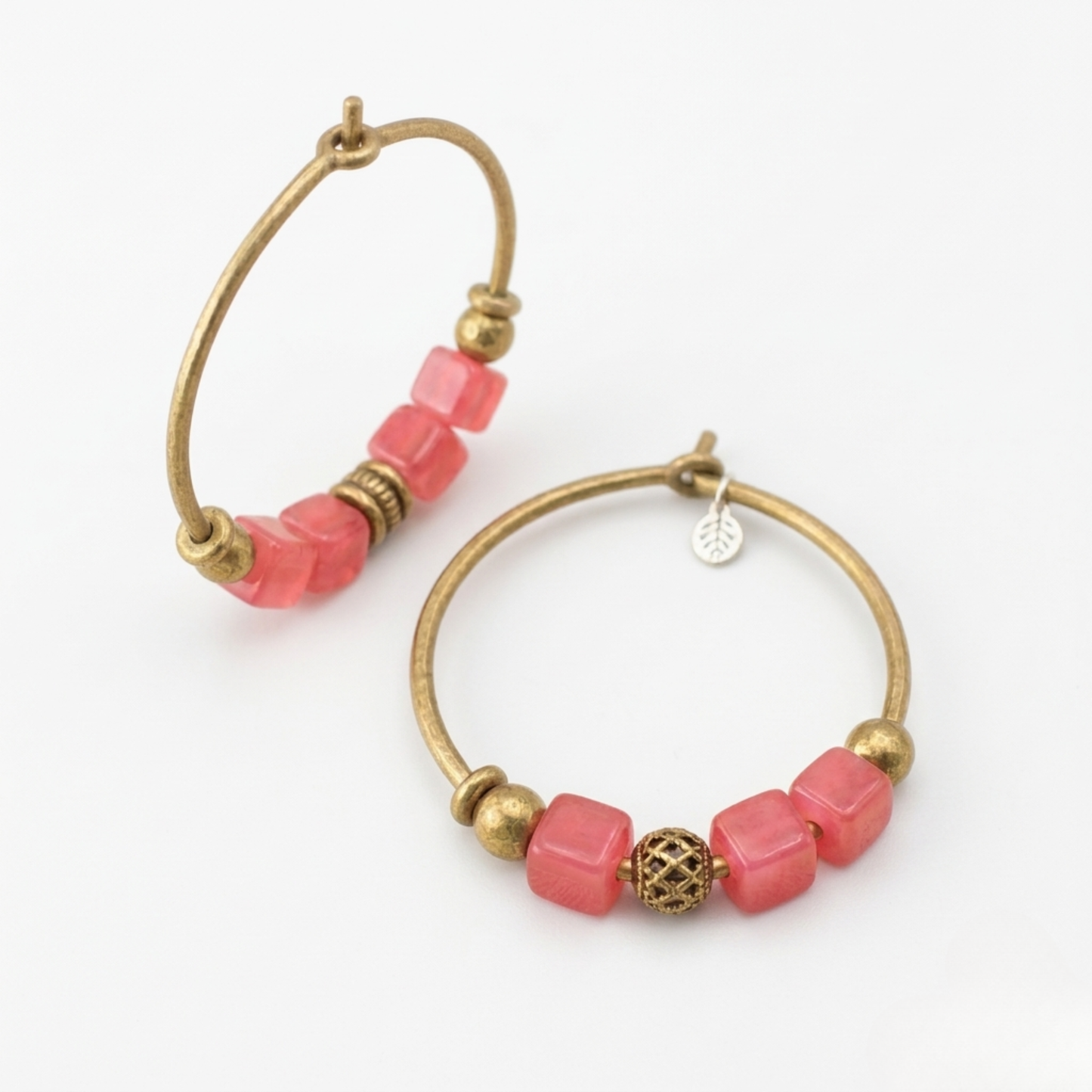 Brass Hoop Gemstone Earrings - Handmade Cube Stone Dangles for Women - Red, Blue, Green, Pink