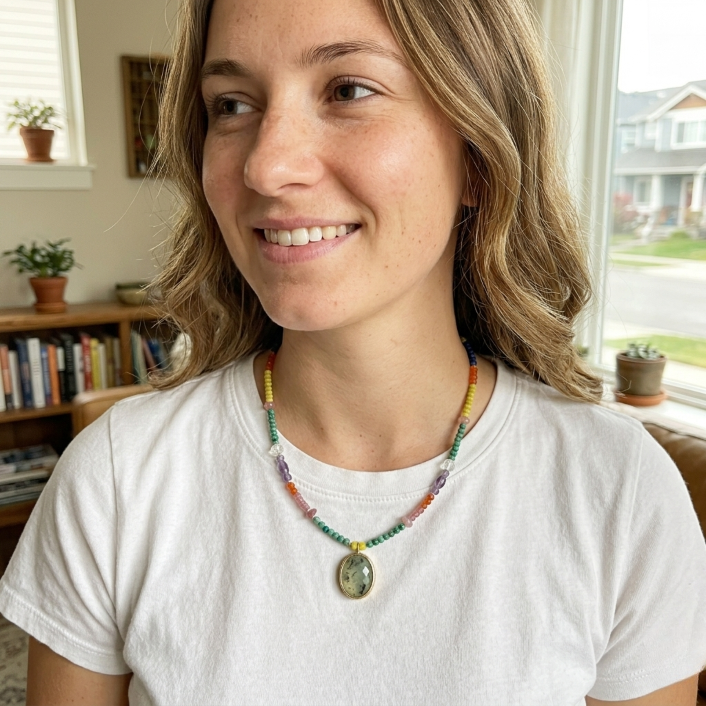 Long Colorful Gemstone and Seed Bead Necklace, Prehnite Pendant on Long Beaded Chain
