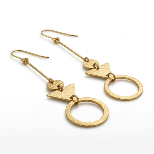 Artisan Hammered Brass Tiered Geometric Dangle Earrings – Circle &amp; Triangle Statement Jewelry