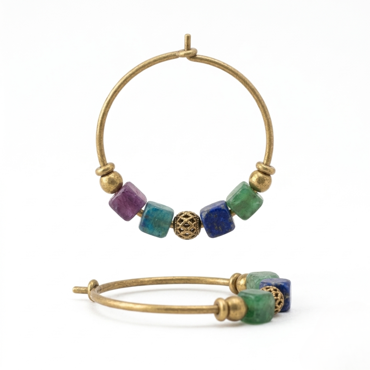 Brass Hoop Gemstone Earrings - Handmade Cube Stone Dangles for Women - Red, Blue, Green, Pink