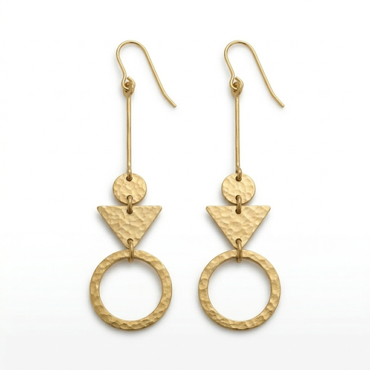 Artisan Hammered Brass Tiered Geometric Dangle Earrings – Circle &amp; Triangle Statement Jewelry