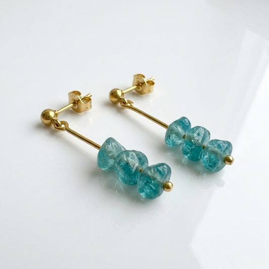 Apatite Hoop Earrings - Dainty Gold Brass Creoles with Turquoise Blue Nuggets - Minimalist Gemstone Jewelry Gift