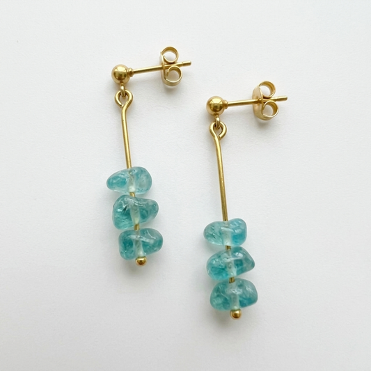 Apatite Hoop Earrings - Dainty Gold Brass Creoles with Turquoise Blue Nuggets - Minimalist Gemstone Jewelry Gift