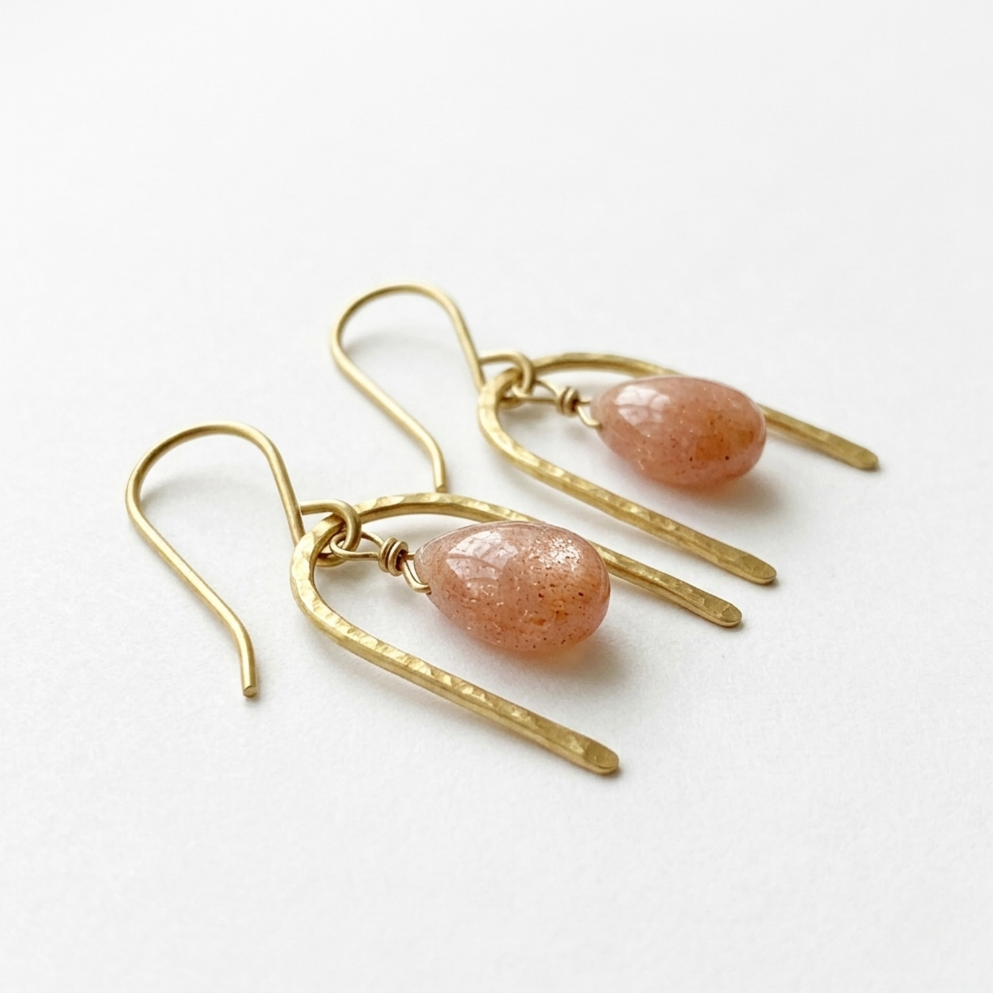 Peach Sunstone Teardrop Earrings - Hammered Brass Geometric Arch Dangles - Gold & Apricot Minimalist Jewelry