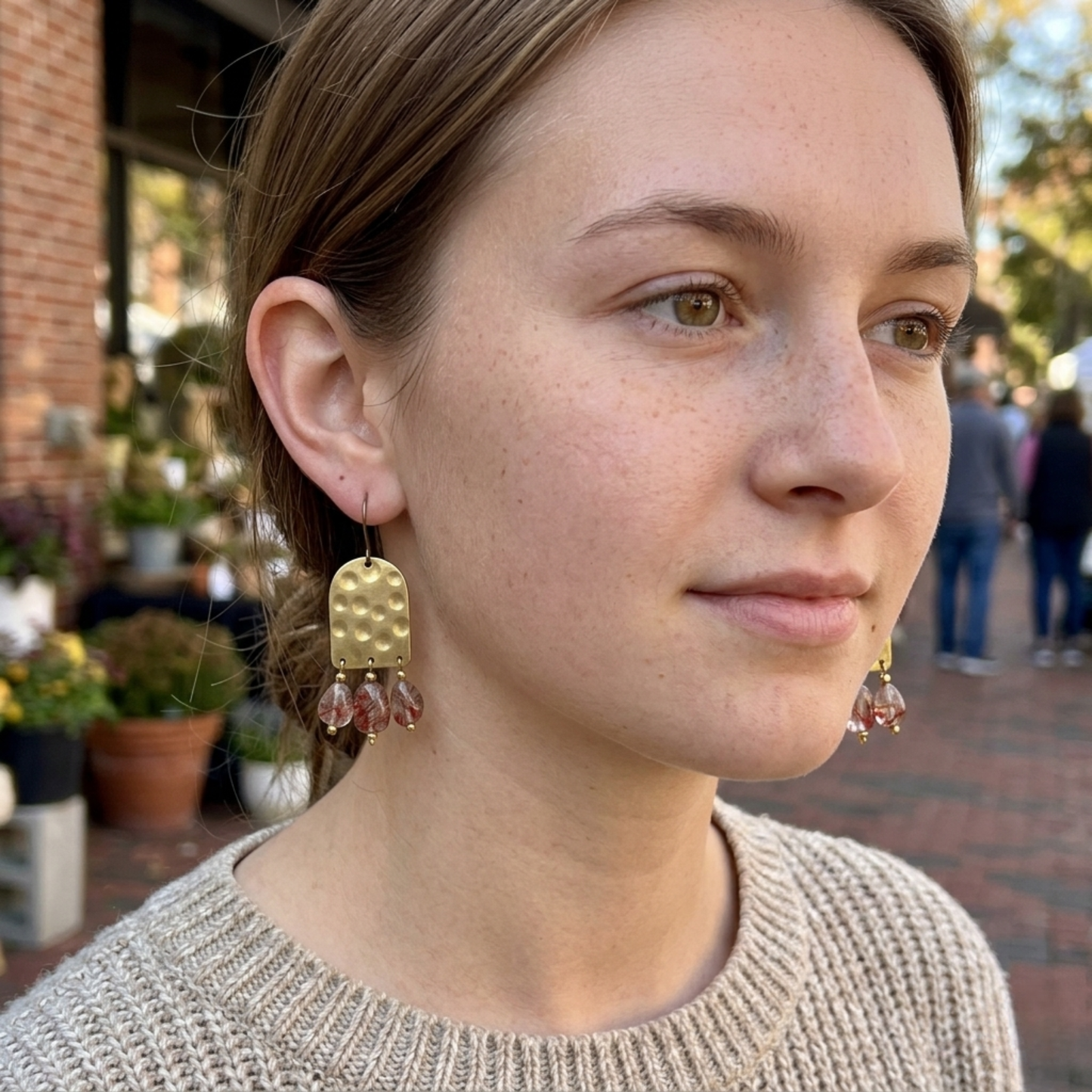 Red Rutilated Quartz Statement Earrings - Hammered Brass Chandelier Dangles - Boho Gold Tone Gemstone Jewelry