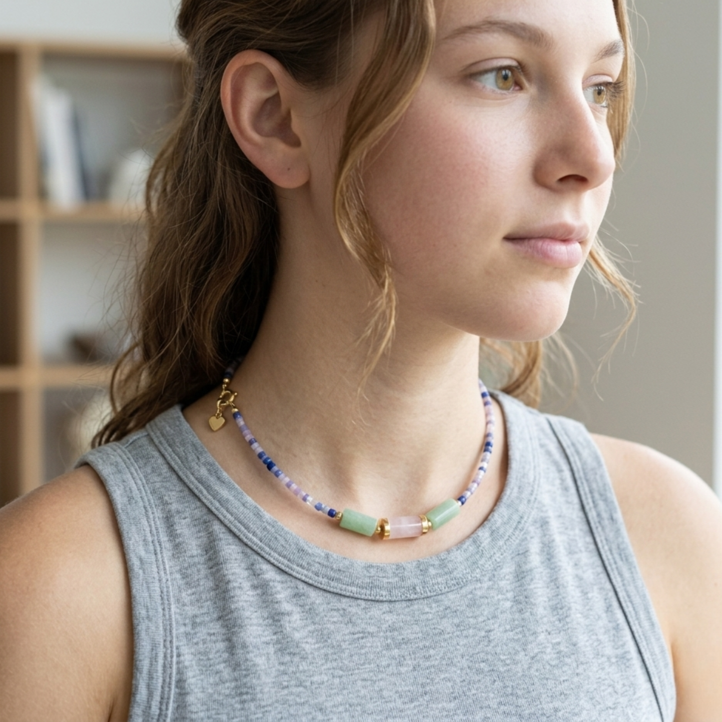 Surfer Necklace with Sunstone and Quartz, Colorful Mixed Gemstone and Seed Bead Necklace