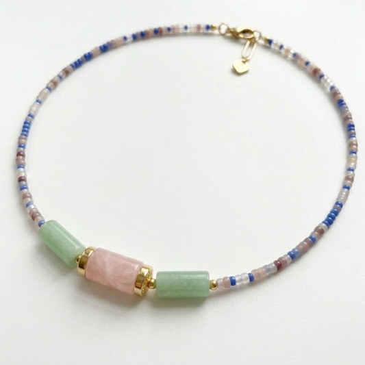 Surfer Necklace with Sunstone and Quartz, Colorful Mixed Gemstone and Seed Bead Necklace