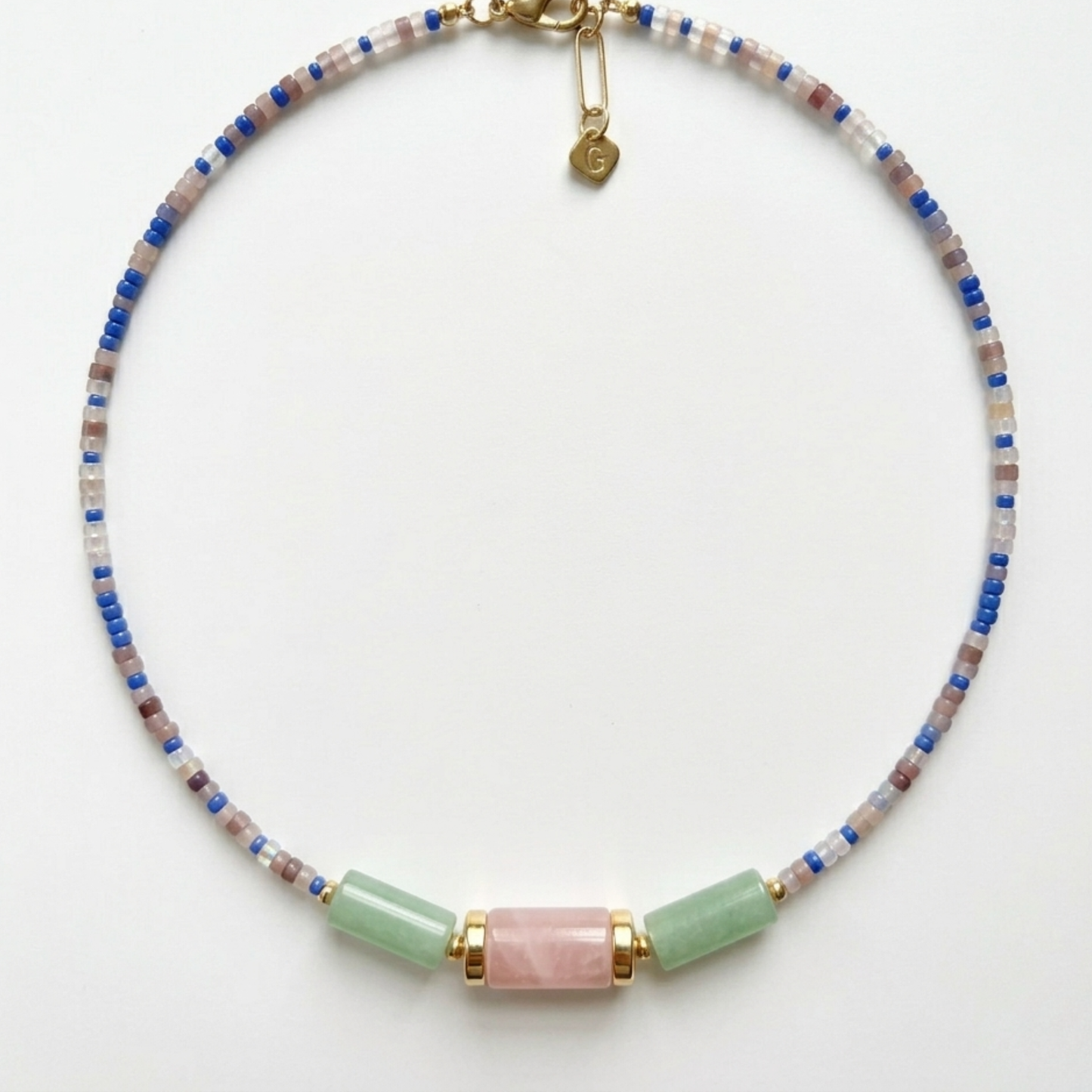 Surfer Necklace with Sunstone and Quartz, Colorful Mixed Gemstone and Seed Bead Necklace