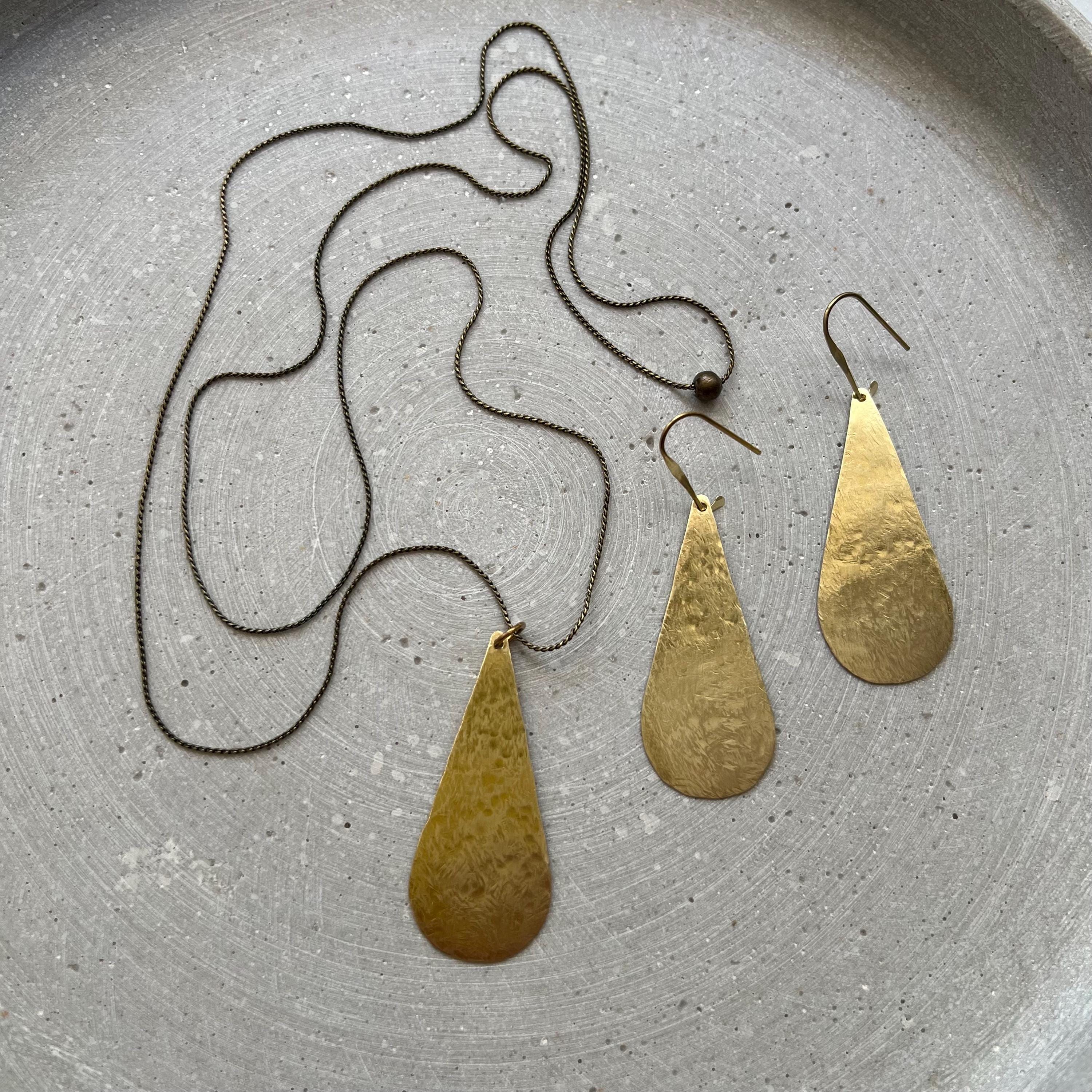 Minimalist Drop Pendant with long Snake Chain, Golden Tear Necklace, Handmade Brass Jewelry