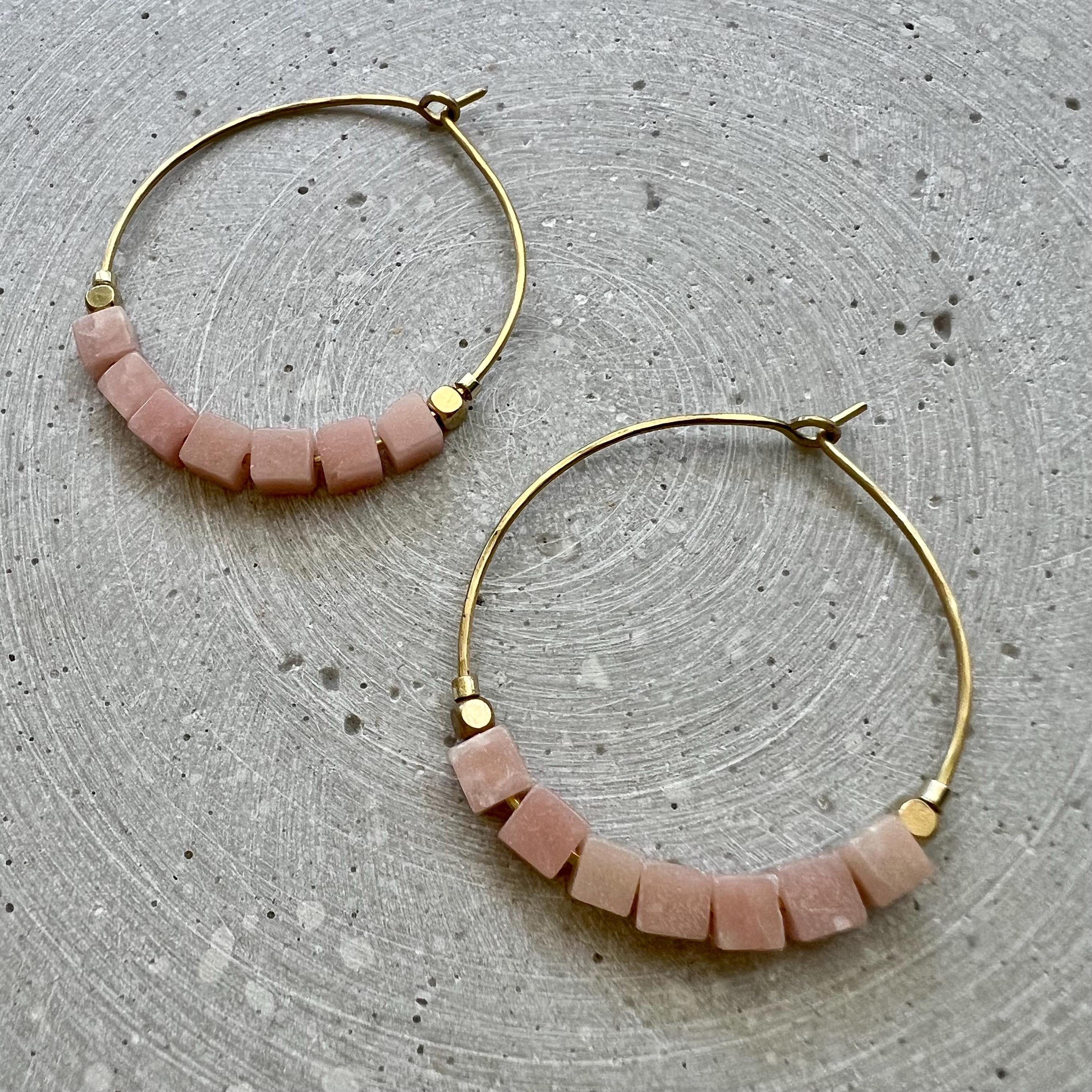 Pink Opal Creole with Gemstone Cube Beads, Pink Hoop Earrings, Handmade Brass Jewelry