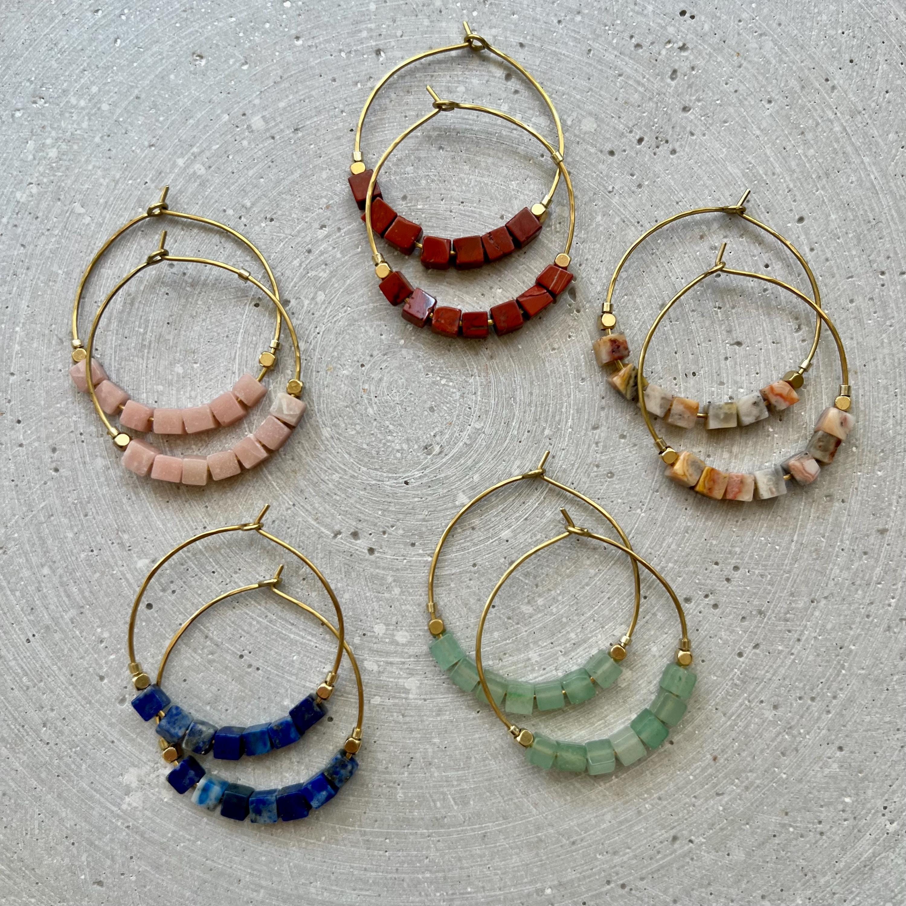 Pink Opal Creole with Gemstone Cube Beads, Pink Hoop Earrings, Handmade Brass Jewelry