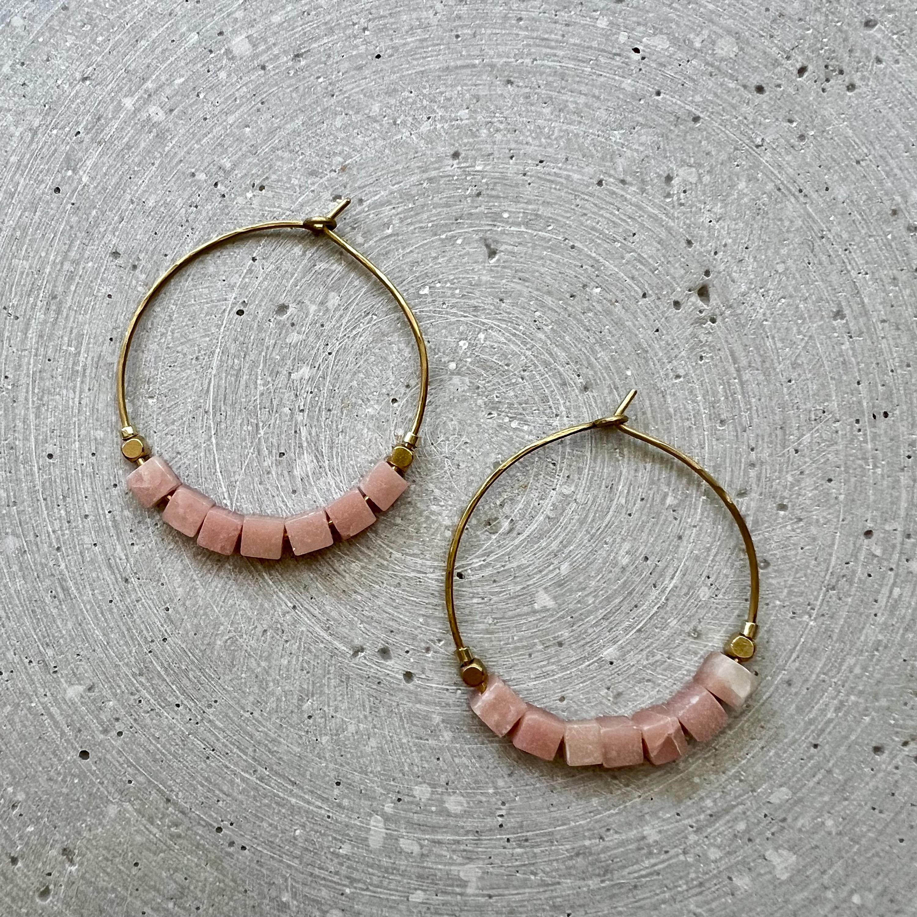 Pink Opal Creole with Gemstone Cube Beads, Pink Hoop Earrings, Handmade Brass Jewelry