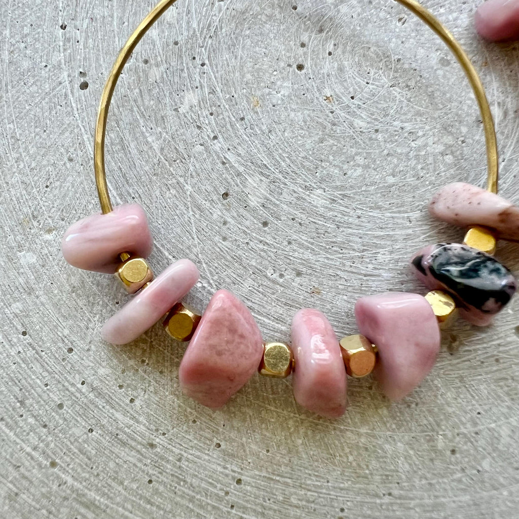 Rhodochrosite Nugget Creole Earrings, Dainty Hoops with Pink Gemstones, Handmade Brass Earring